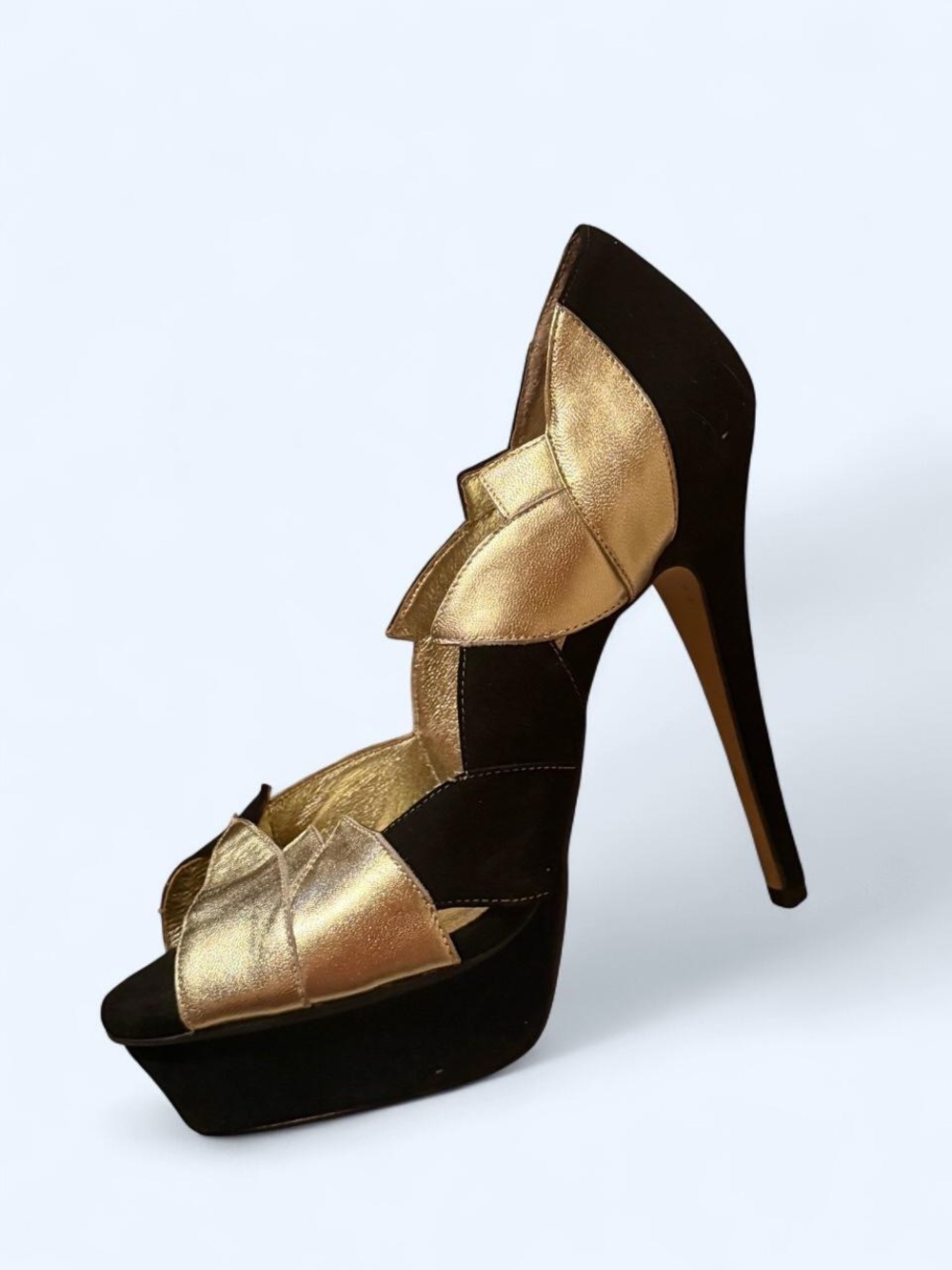 Jeffrey Campbell Black and Gold Leaf-Trim leather Platform Heels size 8